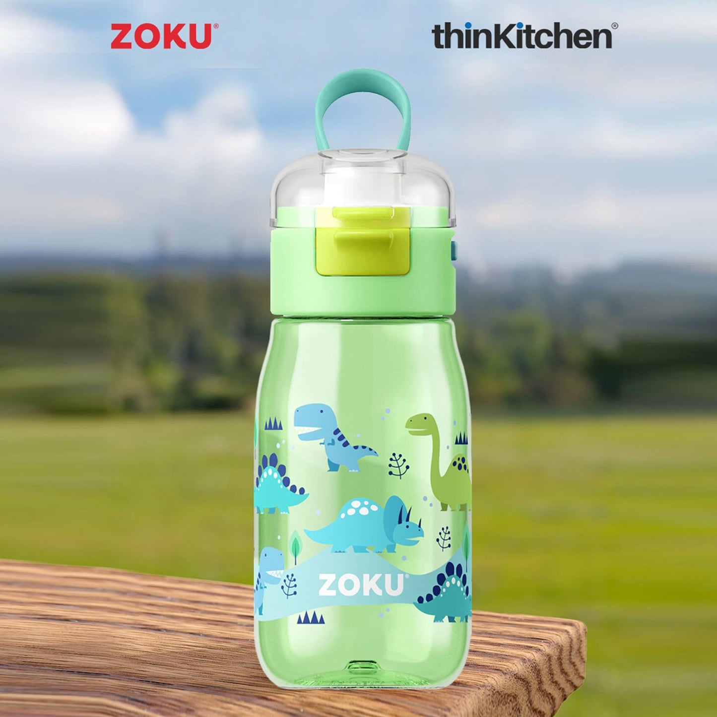 thinKitchen®Zoku Green Dino Flip Gulp Kids Bottle, 475 ml