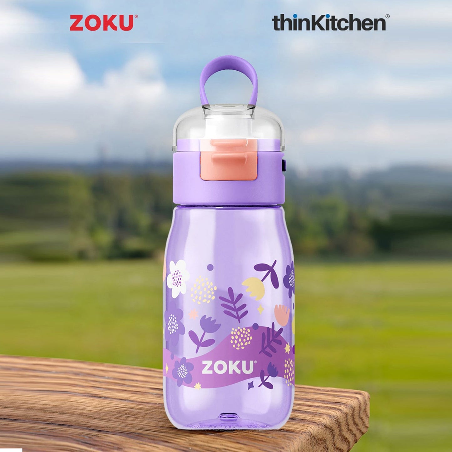 thinKitchen®Zoku Purple Flowers Flip Gulp Kids Bottle, 475 ml