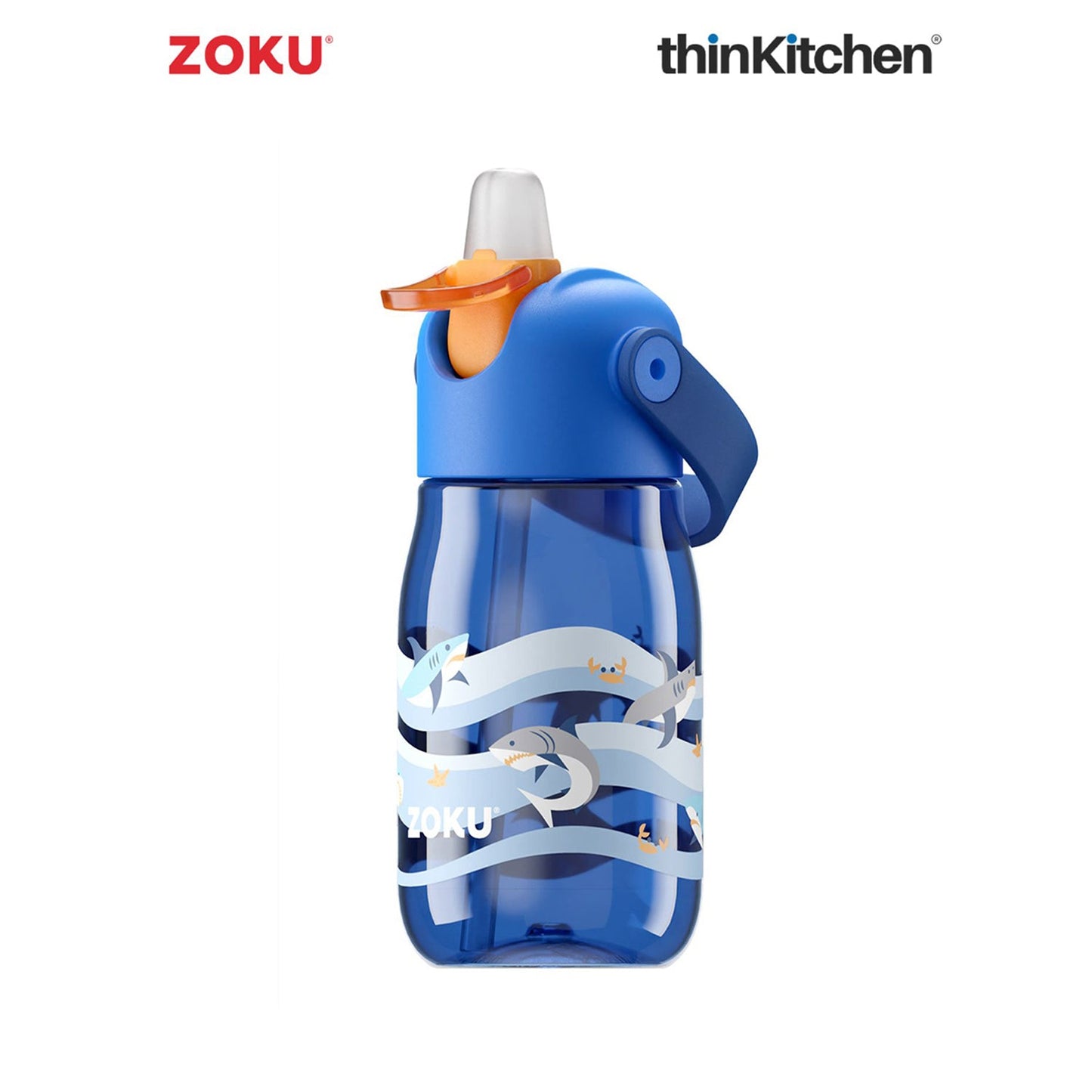 thinKitchen®Zoku Blue Shark Flip Straw Kids Bottle, 415 ml