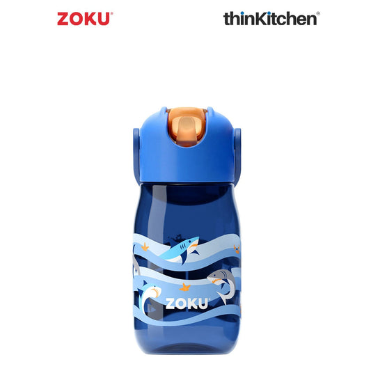 thinKitchen®Zoku Blue Shark Flip Straw Kids Bottle, 415 ml