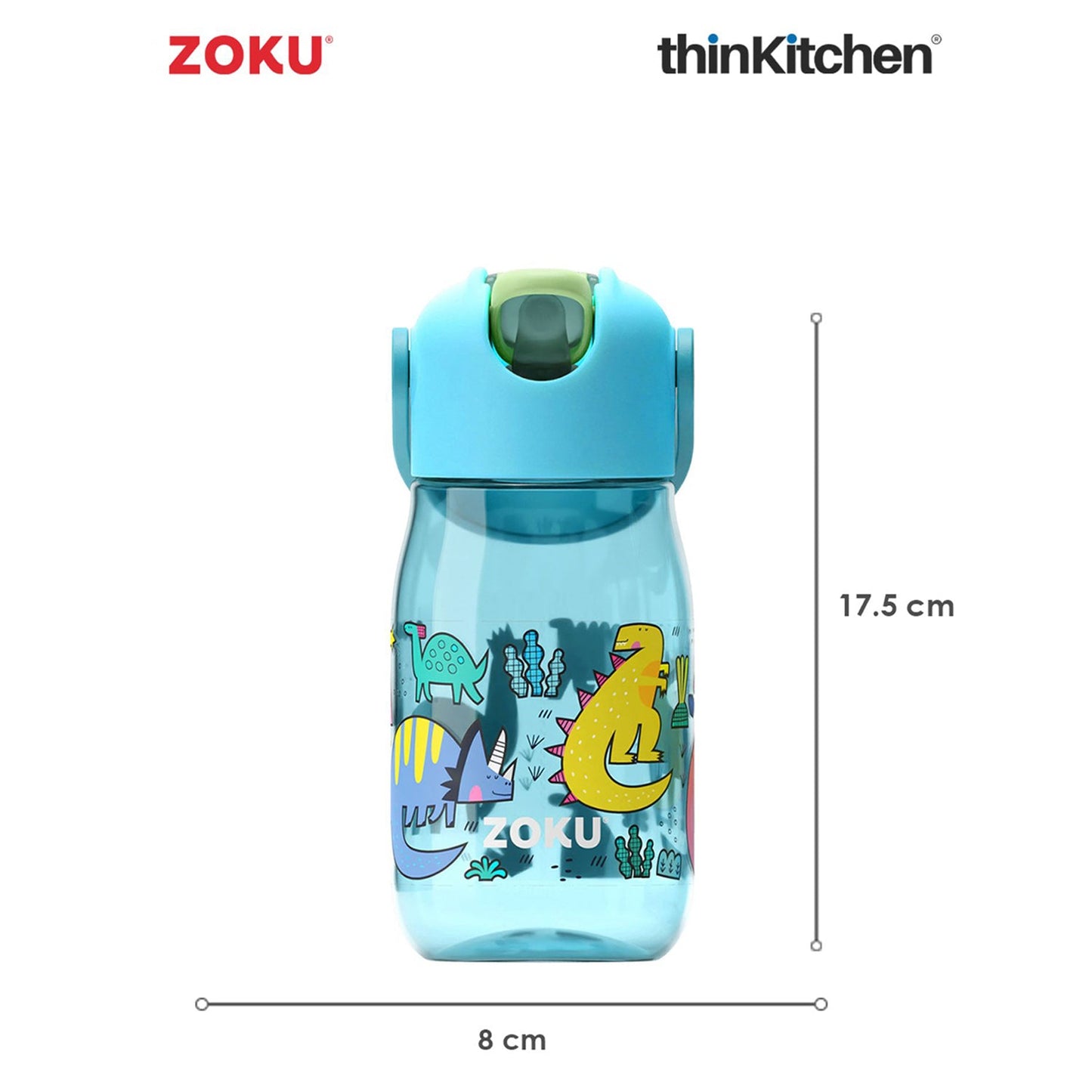 thinKitchen®Zoku Teal Dino Straw Kids Bottle, 415 ml
