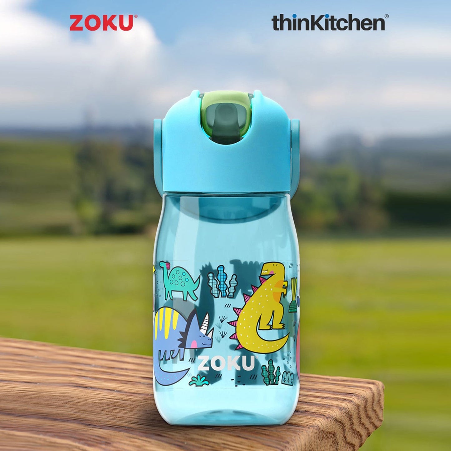 thinKitchen®Zoku Teal Dino Straw Kids Bottle, 415 ml