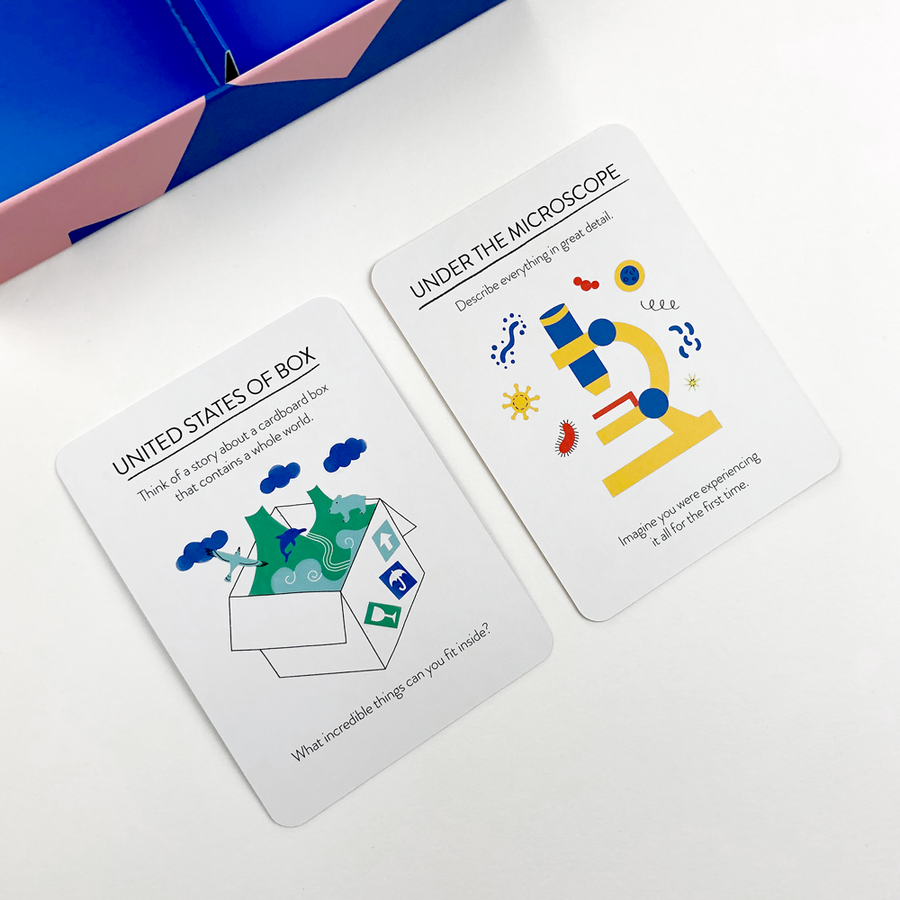 Two educational cards on a white surface with colorful illustrations and text.