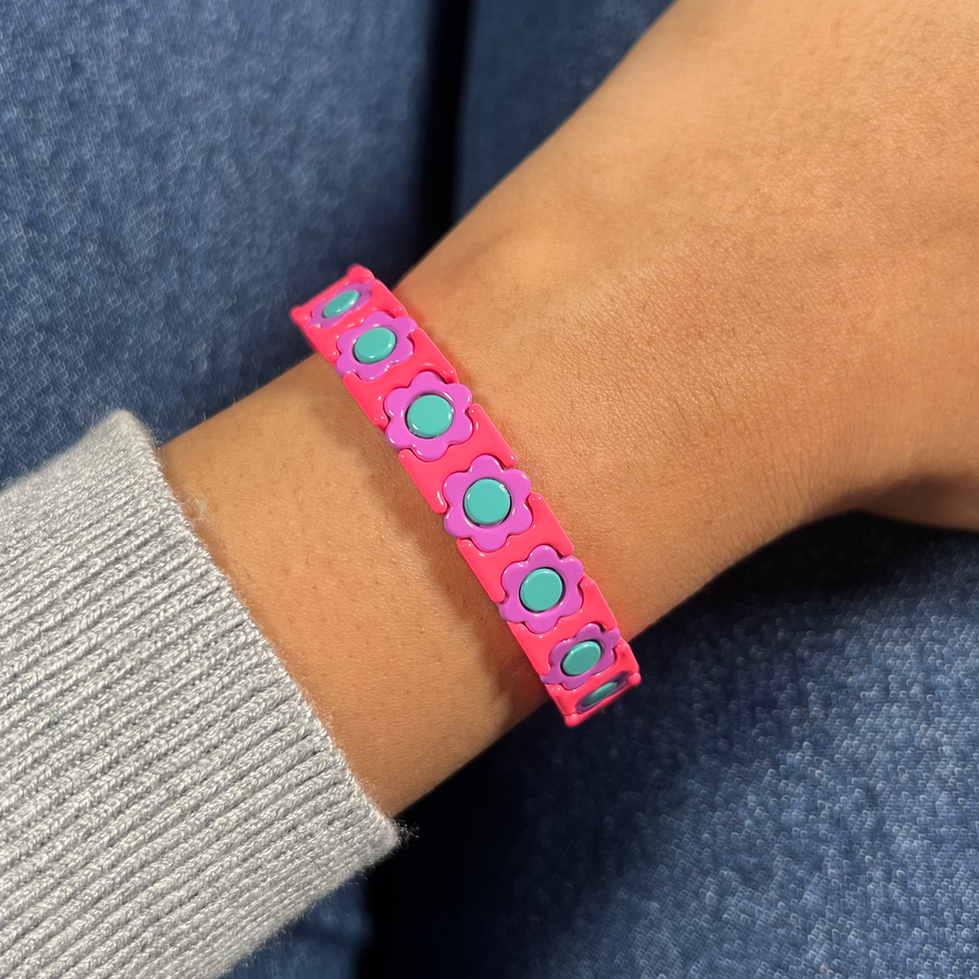 Flower Enamel Bracelet | Pop Pink , Teal & Purple