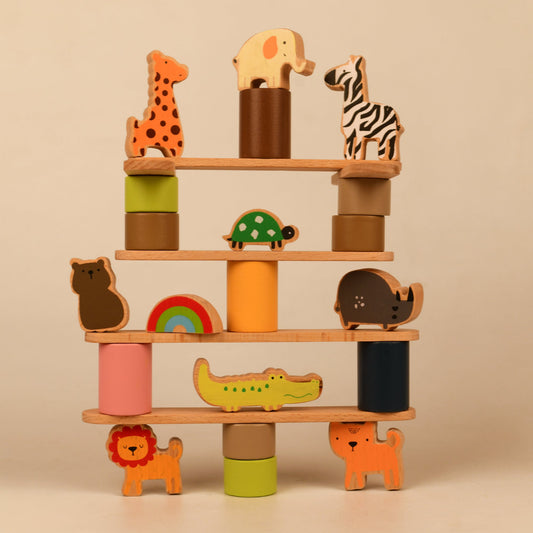 Playbox Wodden Zoo Tower | Balancing Activities Toy | Great Gift for Kids and Toddlers | Wooden Animal Stacking Toys