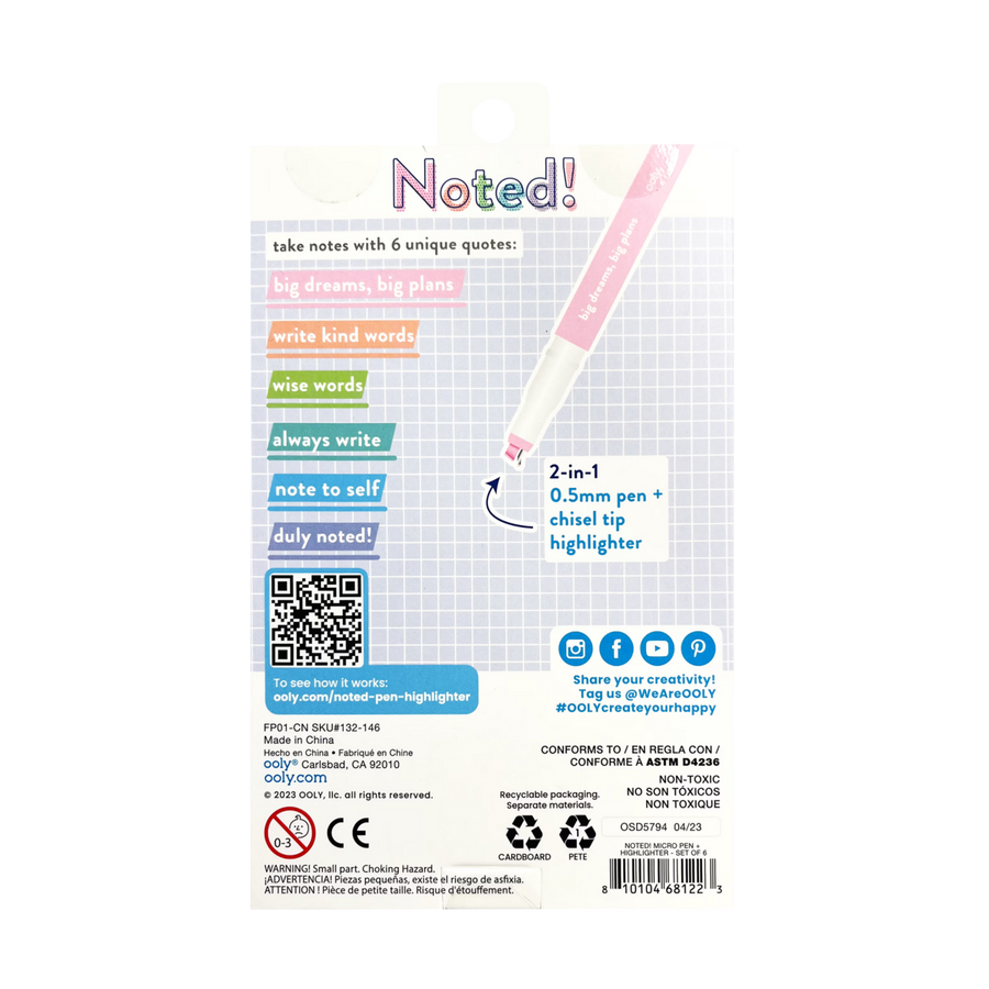 Noted! 2-in-1 Micro Fine Tip Pen And Highlighters - Set of 6