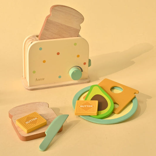 Playbox Roasty Toasty Wooden Toaster Kitchen Set Toddler & Kids Pretend Play Cooking Toy Set (1 Years +) Imagination and Creativity | Kids Toys for Cooking Simulation Educational Toys