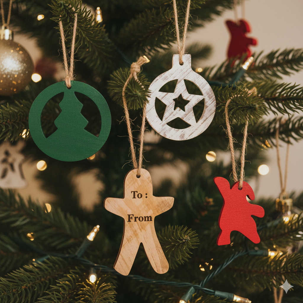 HERMES by SWEN, Pack of 4 Wooden Christmas Tree Ornaments - Star, Tree, Candyman, Santa