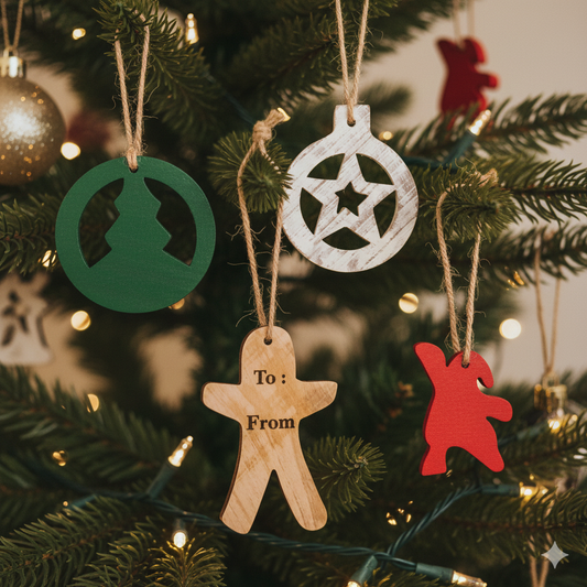 HERMES by SWEN, Pack of 4 Wooden Christmas Tree Ornaments - Star, Tree, Candyman, Santa