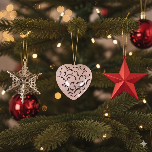 FLORIN by SWEN, pack of 3 metal Christmas tree ornaments - Star, Snow flake, Heart