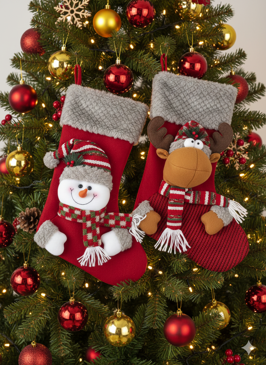 OAKLEY, Pack of 2 Plush Character Christmas Stockings by SWEN - Snowman stocking (red), Reindeer stocking (red)