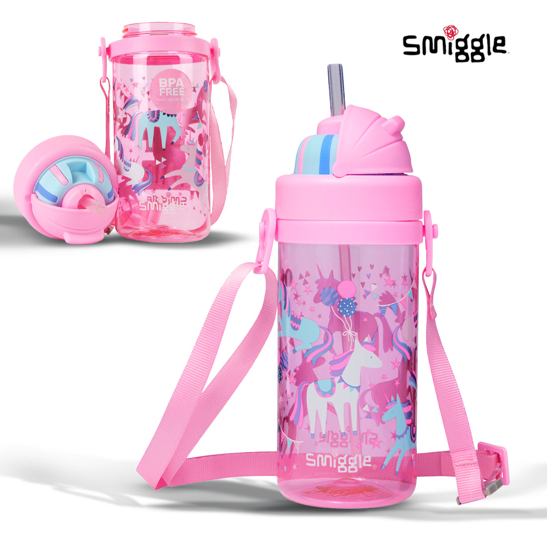 Smiggle Glide Teeny Tiny Plastic Drink Bottle With Strap 400Ml Pink, 3Y+