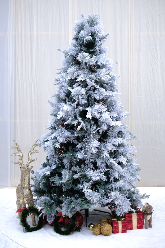 SWEN 8 feet TRUE STAR christmas tree with broad pine leaves, frosting and pine cones