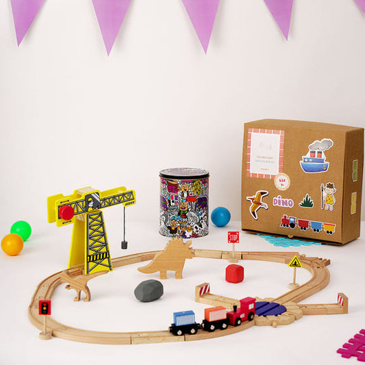 Playbox The Dino Land - Starter pack Wooden Playset Include 20 Wooden Track/3 Trains/3 signals/1 Crane/2 stones/2 Dinosaurs/Wooden Animal Toy Dinosaur for Toddlers for +1 Years