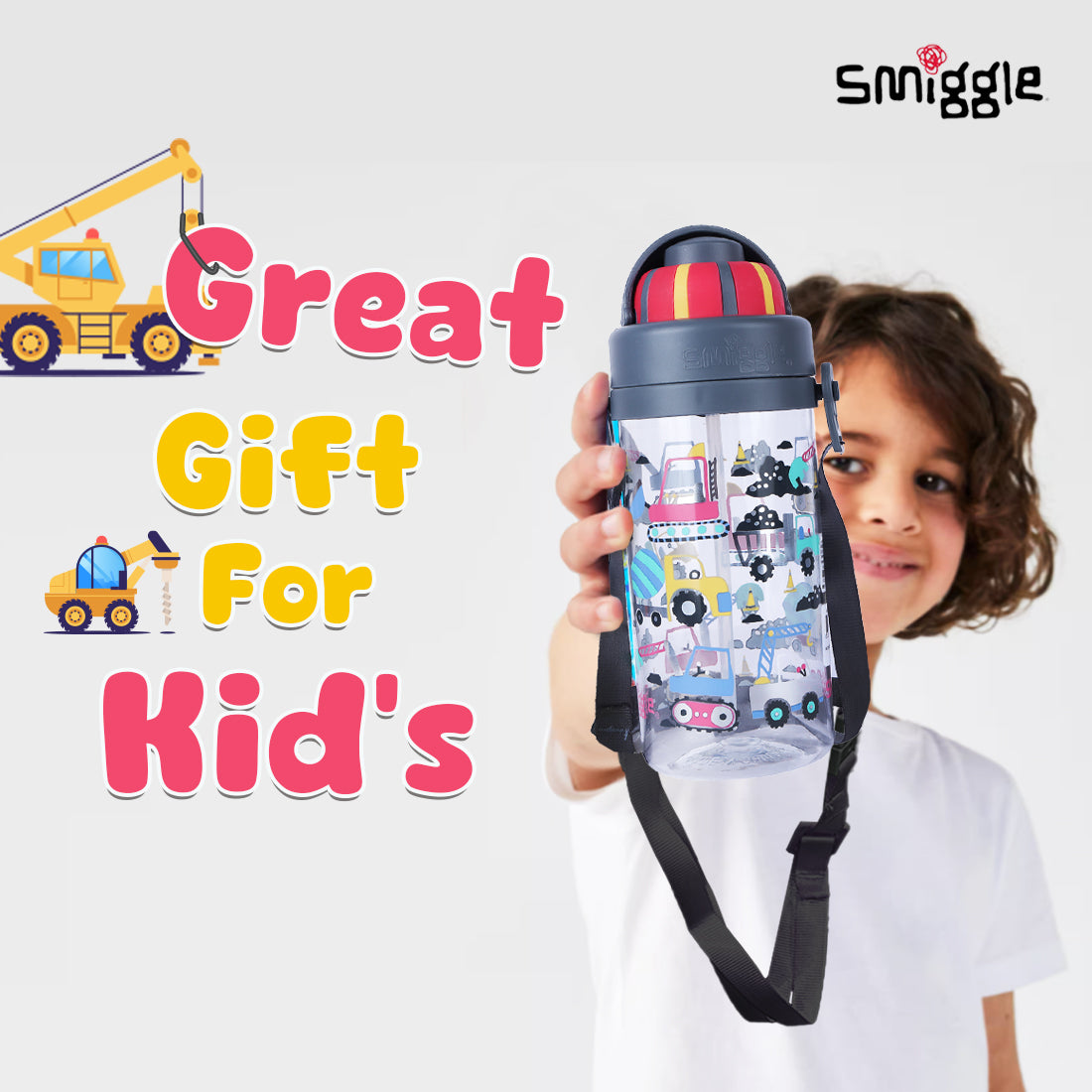 Smiggle Glide Teeny Tiny Plastic Drink Bottle With Strap 400Ml Grey, 3Y+