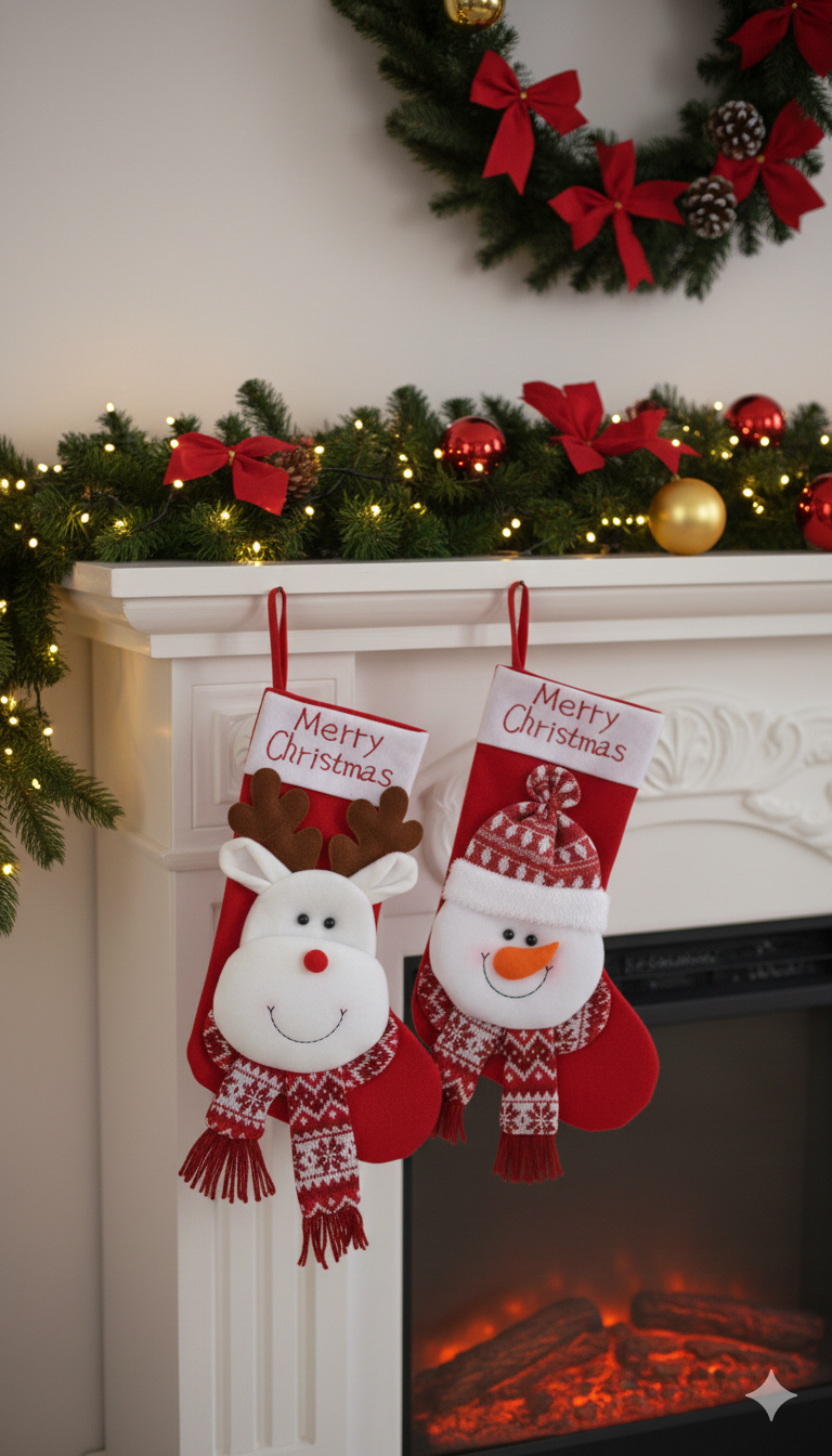 VIONNE, Pack of 2 Whimsical Character Holiday Stockings by SWEN - Snowman stocking (white), Reindeer stocking (red)