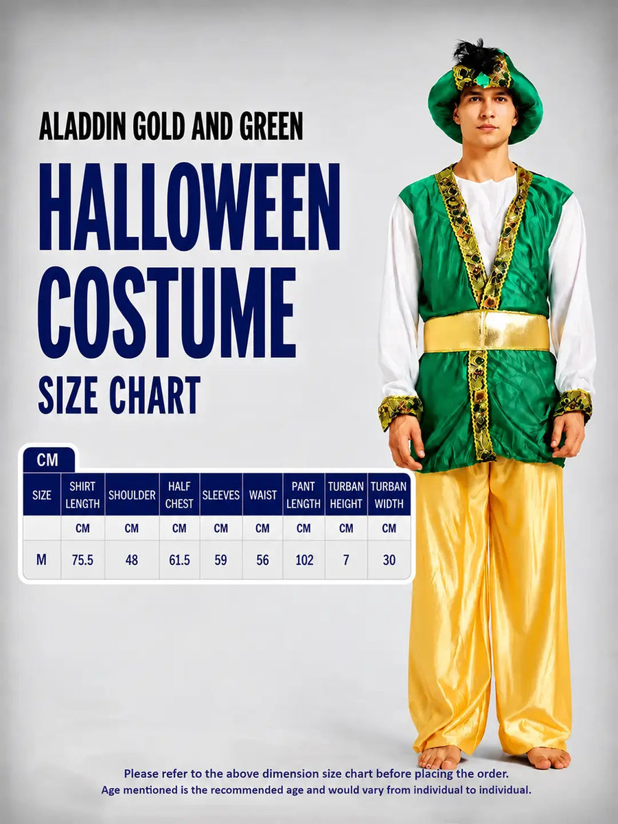 Aladdin Gold and Green Adults Halloween Costume Fancy Dress Up