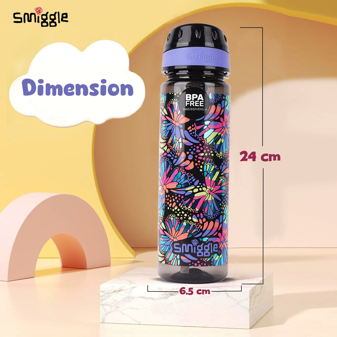 Smiggle Vivid Drink Up Plastic Drink Bottle Black Mix, 3Y+