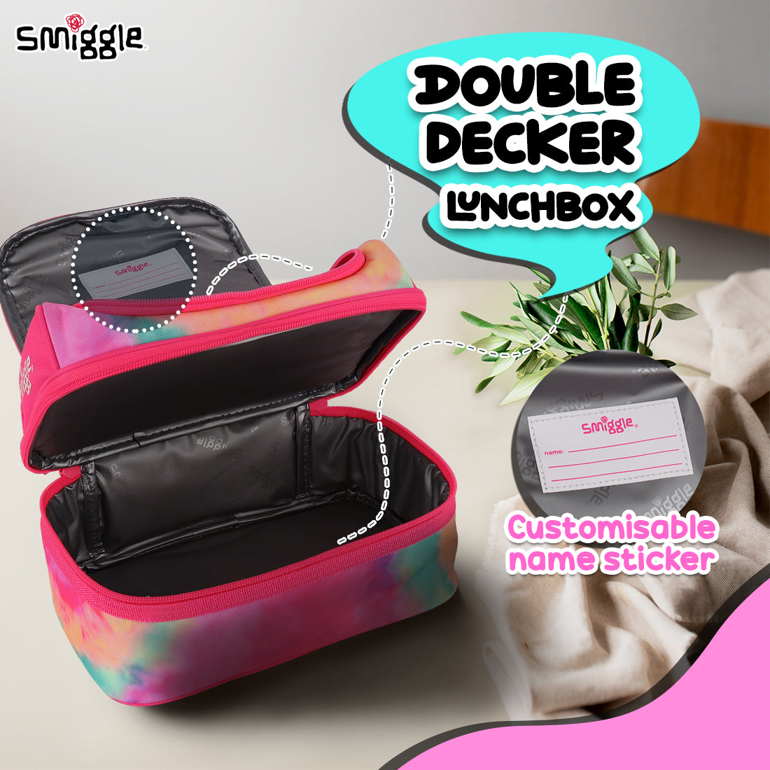 Smiggle Vivid Double Decker Lunchbox Pink, 3Y+