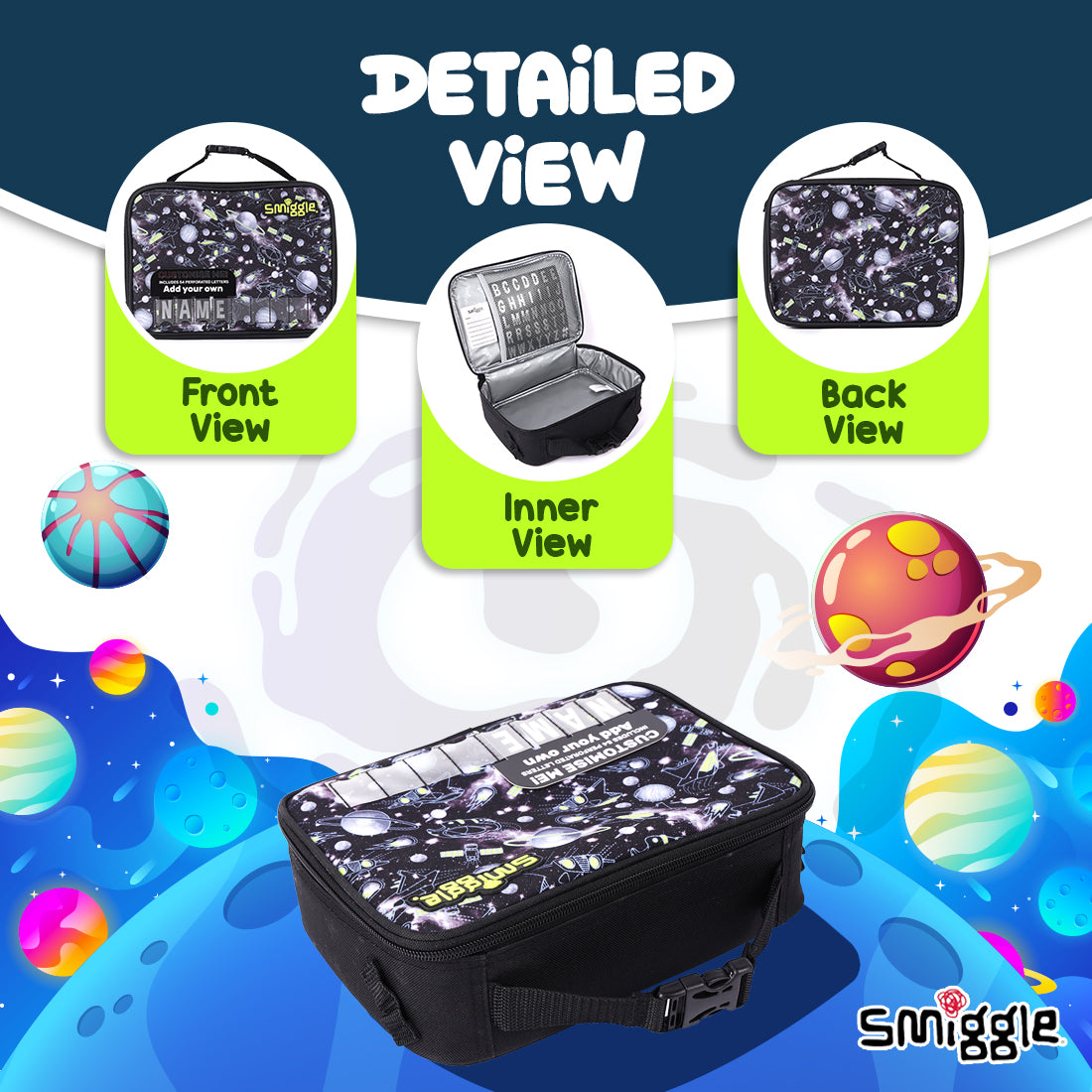Smiggle NE LBOX SQ ATTACH ID FLY HI FLY HI BLACK  | Lunchbag