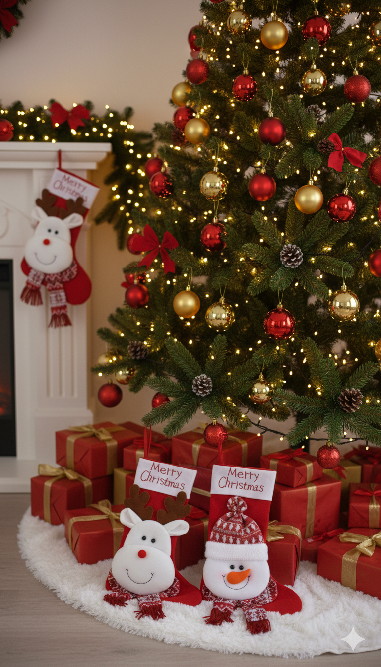 VIONNE, Pack of 2 Whimsical Character Holiday Stockings by SWEN - Snowman stocking (white), Reindeer stocking (red)