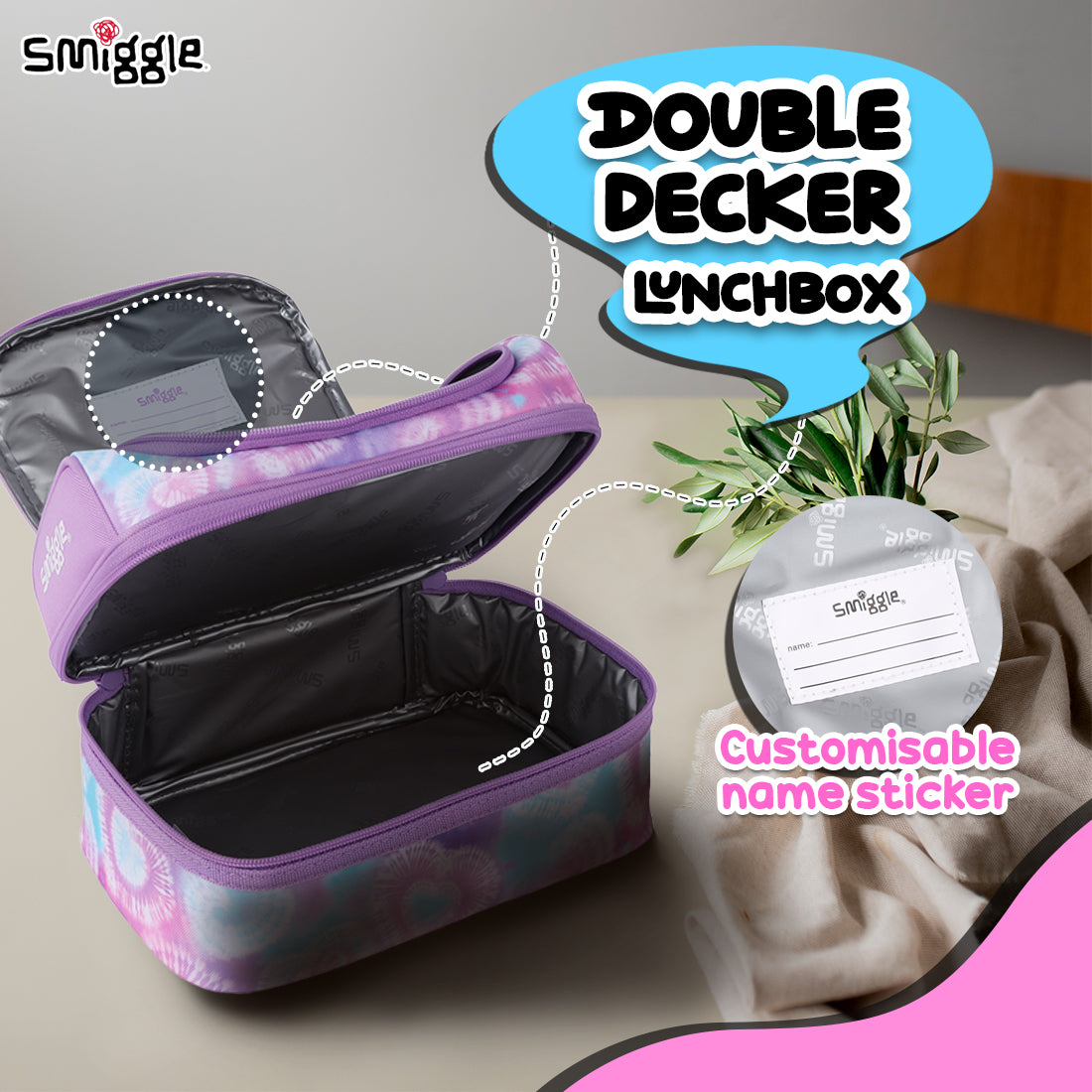 Smiggle I Heart Smiggle Double Decker Lunchbox Lilac, 3Y+