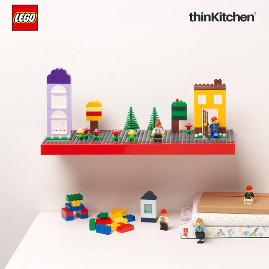 LEGO Decorative Floating Wall Shelf with 3 Baseplates (Grey & Red) | 15 x 6 Inch Storage Shelf for Kids Bedroom & Playroom