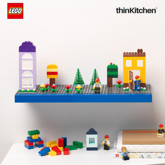 LEGO Decorative Floating Wall Shelf with 3 Baseplates (Grey & Blue) | 15 x 6 Inch Storage Shelf for Kids Bedroom & Playroom