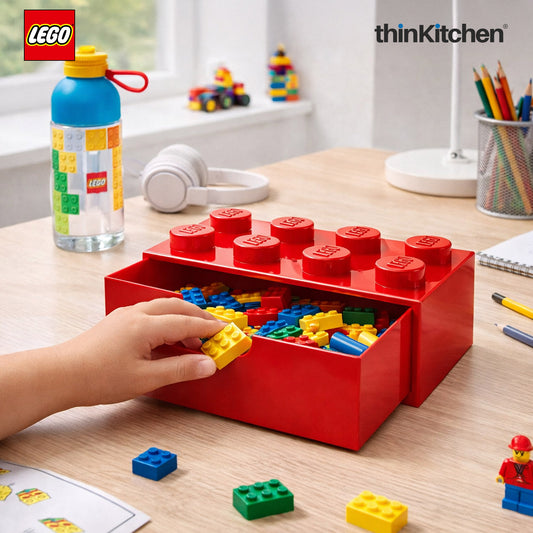 LEGO Large Stackable Storage Box with  Drawer - 8 Knobs, 5.8 L, Red  | Plastic Desk Organizer , Toy Storage Box