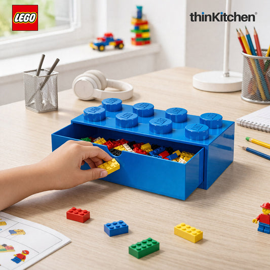 LEGO Large Stackable Storage Box with  Drawer - 8 Knobs, 5.8 L, Blue  | Plastic Desk Organizer , Toy Storage Box