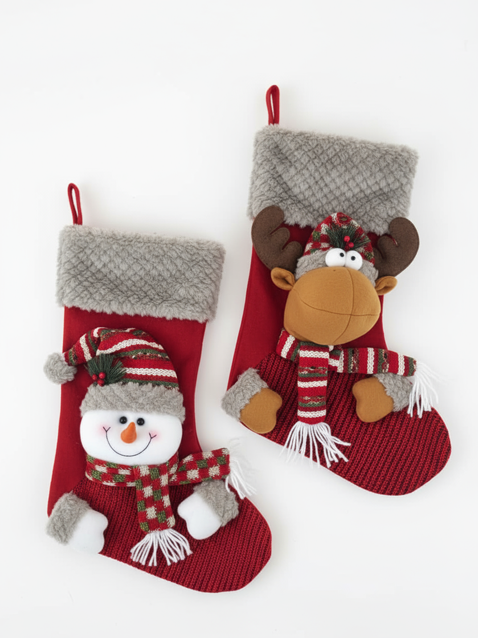OAKLEY, Pack of 2 Plush Character Christmas Stockings by SWEN - Snowman stocking (red), Reindeer stocking (red)