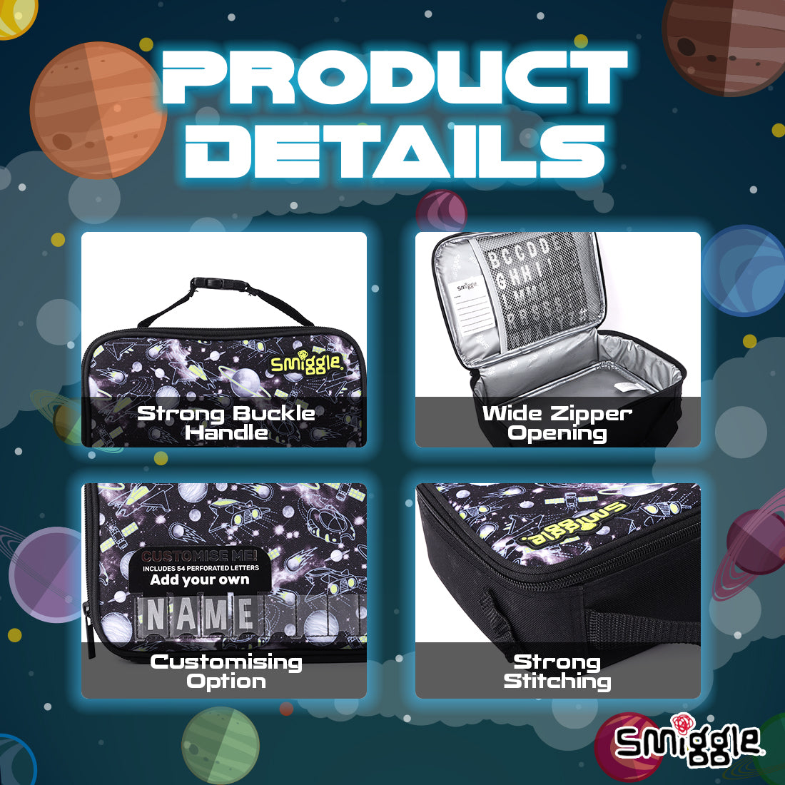 Smiggle NE LBOX SQ ATTACH ID FLY HI FLY HI BLACK  | Lunchbag
