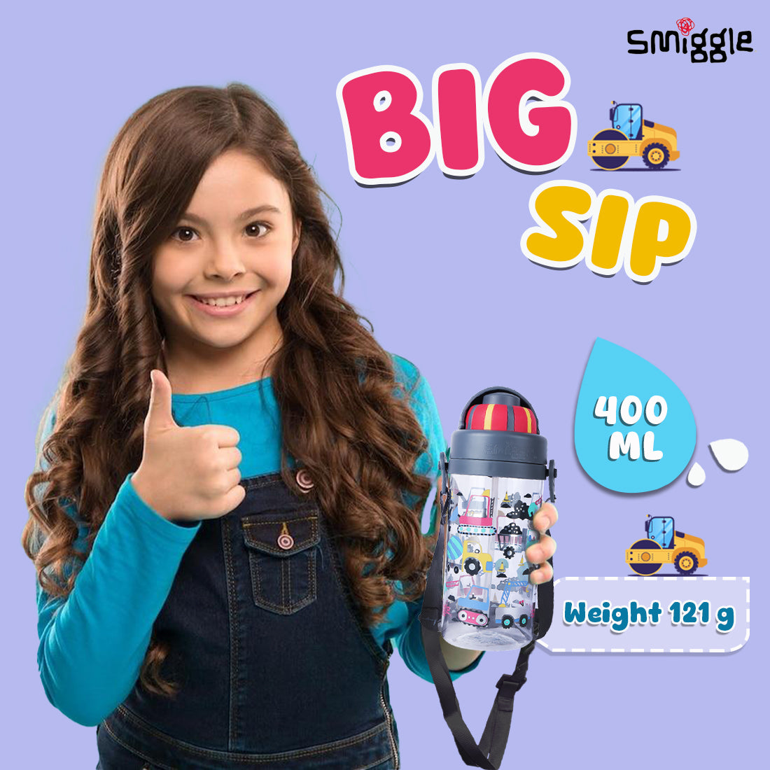 Smiggle Glide Teeny Tiny Plastic Drink Bottle With Strap 400Ml Grey, 3Y+