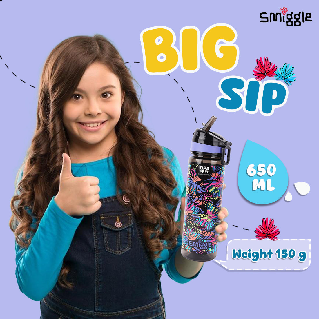 Smiggle Vivid Drink Up Plastic Drink Bottle Black Mix, 3Y+