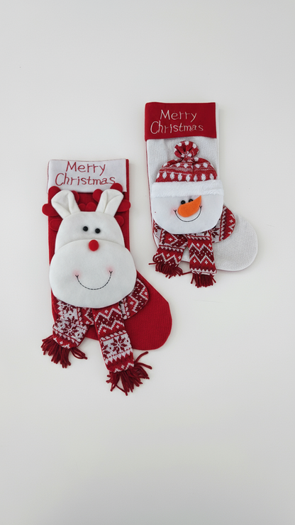 VIONNE, Pack of 2 Whimsical Character Holiday Stockings by SWEN - Snowman stocking (white), Reindeer stocking (red)