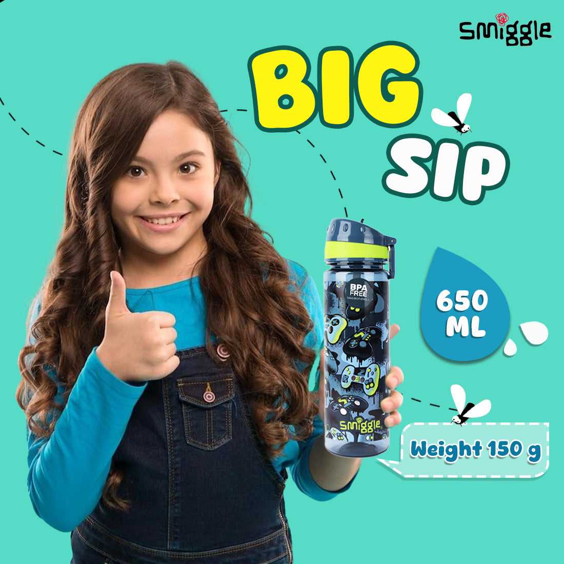 Smiggle Vivid Drink Up Plastic Drink Bottle Grey, 3Y+