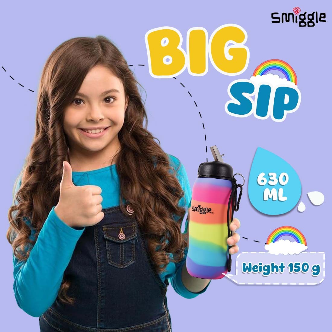 Smiggle Vivid Silicone Roll Up Drink Bottle 630ml Black, 3Y+
