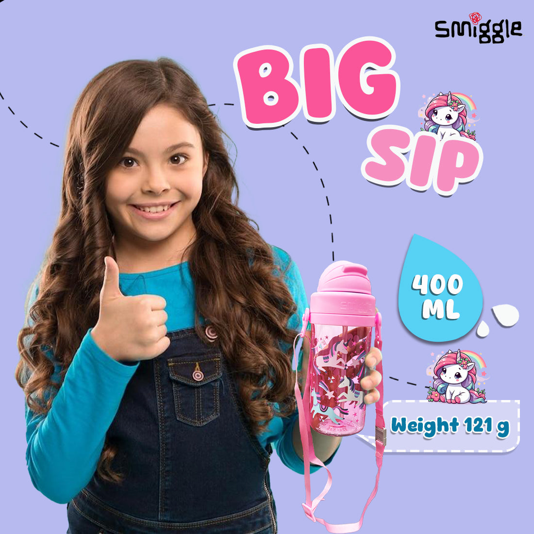 Smiggle Glide Teeny Tiny Plastic Drink Bottle With Strap 400Ml Pink, 3Y+