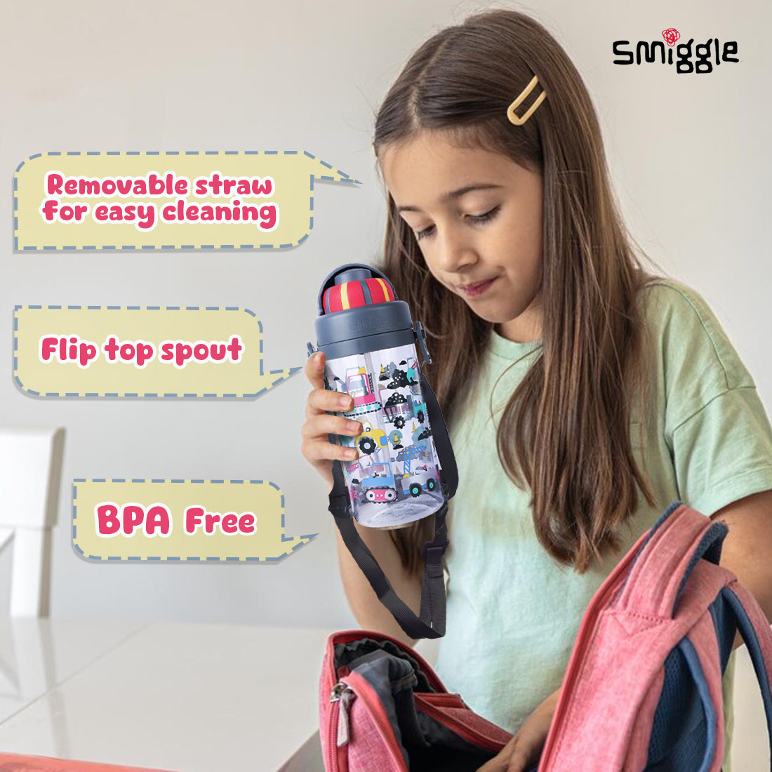 Smiggle Glide Teeny Tiny Plastic Drink Bottle With Strap 400Ml Grey, 3Y+