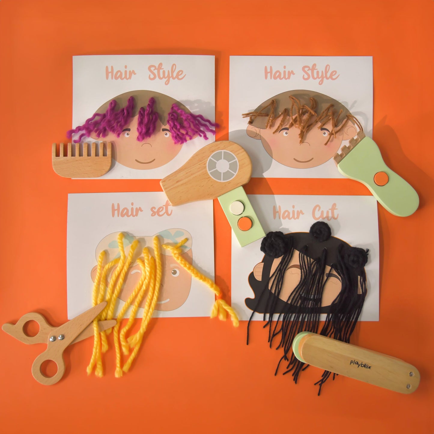 Playbox Comb & Shine - Wooden Kids Hair Salon Playset, Wooden Hair Styling Toys for Kids | Kids Barber Playset, Beauty Salon Fashion Pretend Play Set (Set of 1)