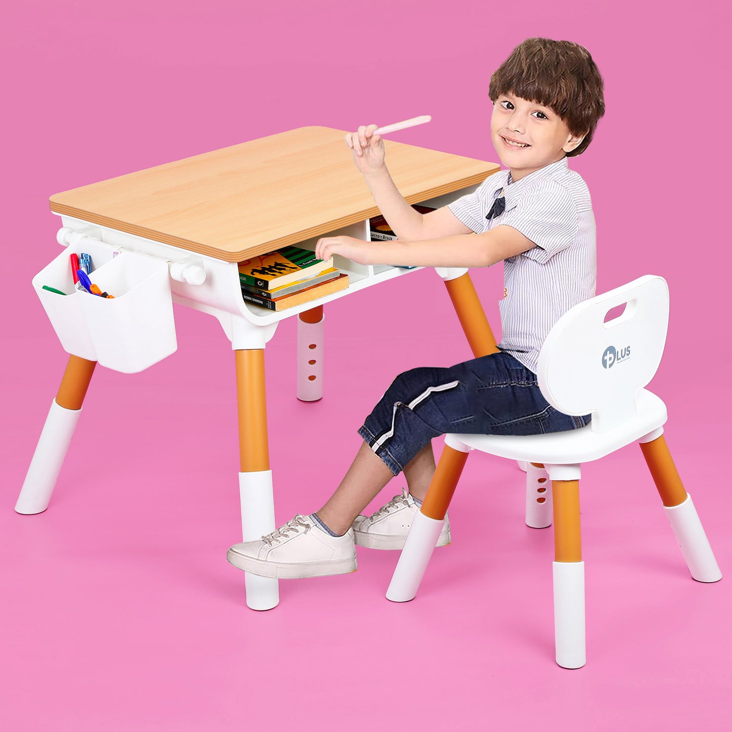 OPlus Multipurpose Study table with wooden top and 2 pen holders and 1 Chair