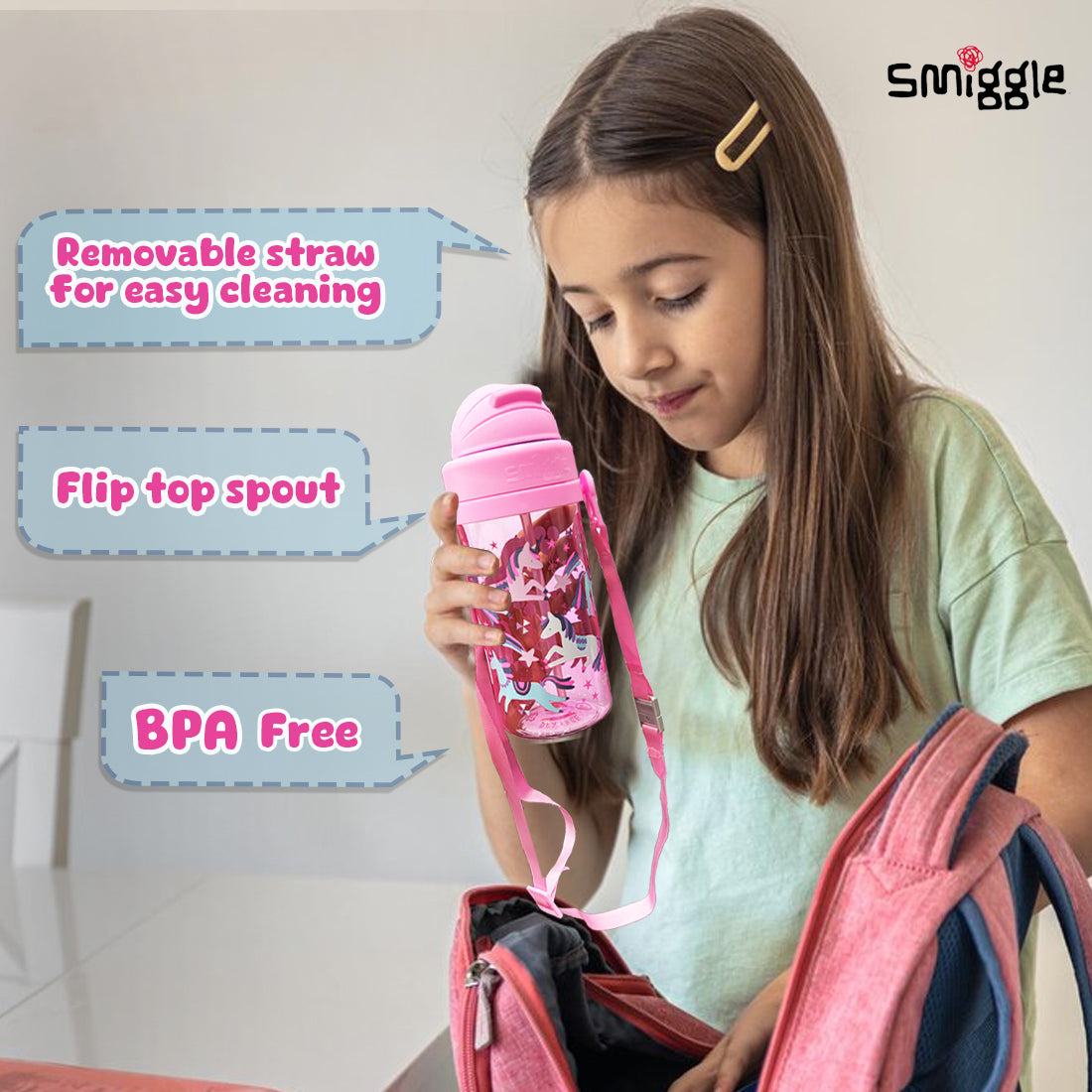 Smiggle Glide Teeny Tiny Plastic Drink Bottle With Strap 400Ml Pink, 3Y+