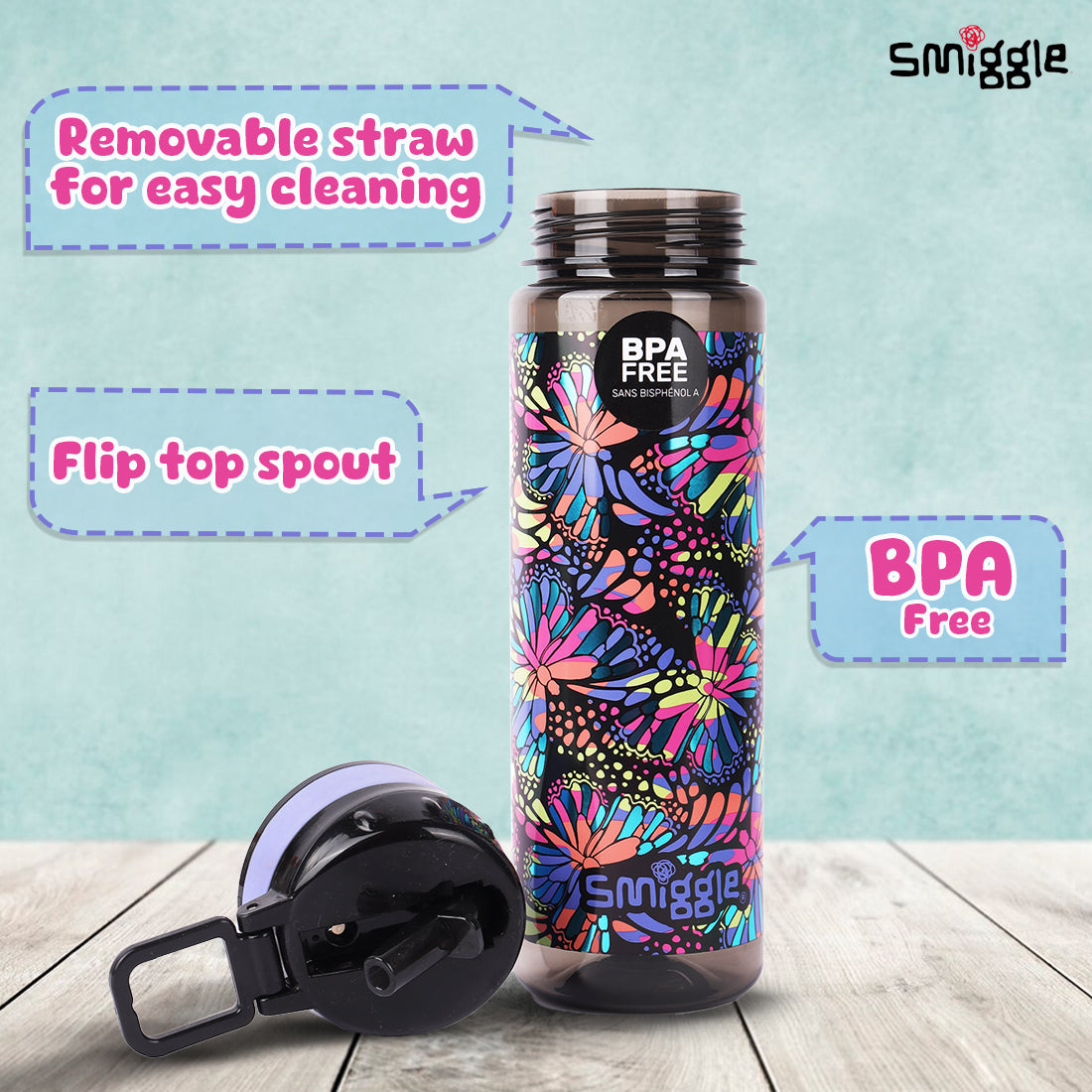 Smiggle Vivid Drink Up Plastic Drink Bottle Black Mix, 3Y+