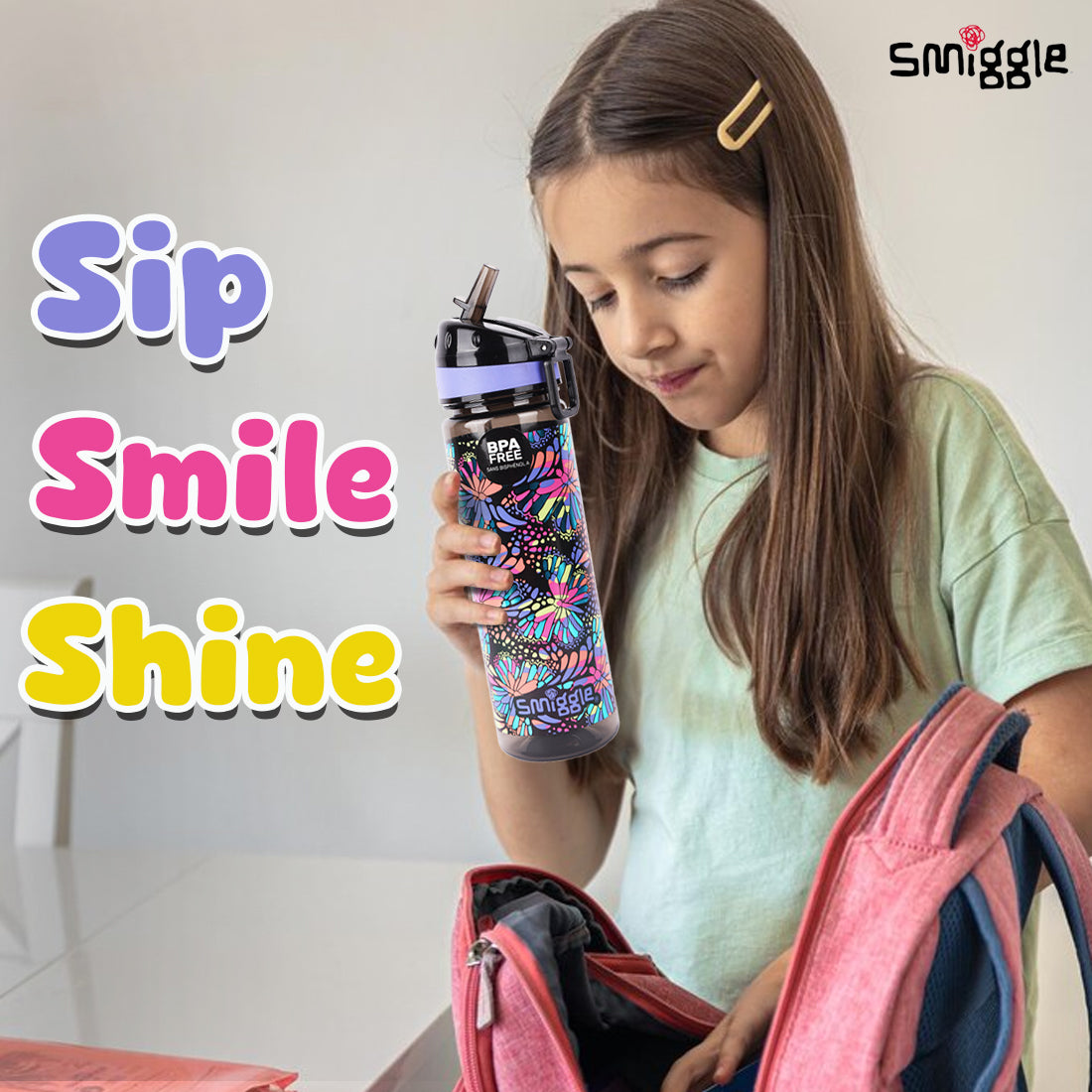 Smiggle Vivid Drink Up Plastic Drink Bottle Black Mix, 3Y+