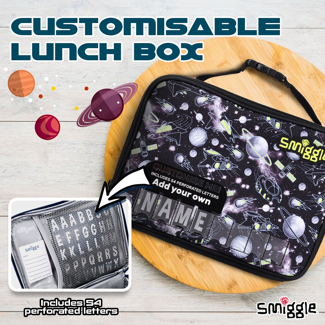 Smiggle NE LBOX SQ ATTACH ID FLY HI FLY HI BLACK  | Lunchbag