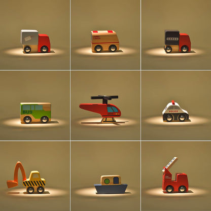 Playbox Little Wagon Toy Cars Playset Wooden Toy Cars,12 Colorful Mini Construction Vehicles Set