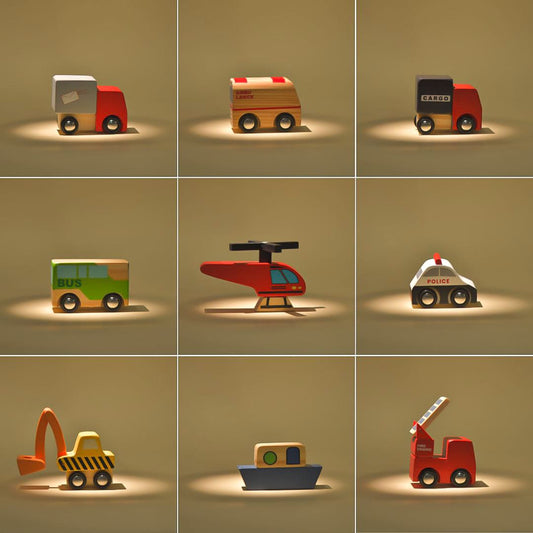 Playbox Little Wagon Toy Cars Playset Wooden Toy Cars,12 Colorful Mini Construction Vehicles Set