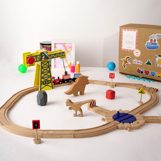 Playbox The Dino Land - Starter pack Wooden Playset Include 20 Wooden Track/3 Trains/3 signals/1 Crane/2 stones/2 Dinosaurs/Wooden Animal Toy Dinosaur for Toddlers for +1 Years