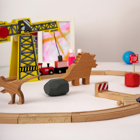 Playbox The Dino Land - Starter pack Wooden Playset Include 20 Wooden Track/3 Trains/3 signals/1 Crane/2 stones/2 Dinosaurs/Wooden Animal Toy Dinosaur for Toddlers for +1 Years