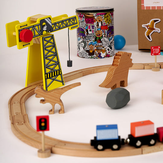 Playbox The Dino Land - Starter pack Wooden Playset Include 20 Wooden Track/3 Trains/3 signals/1 Crane/2 stones/2 Dinosaurs/Wooden Animal Toy Dinosaur for Toddlers for +1 Years